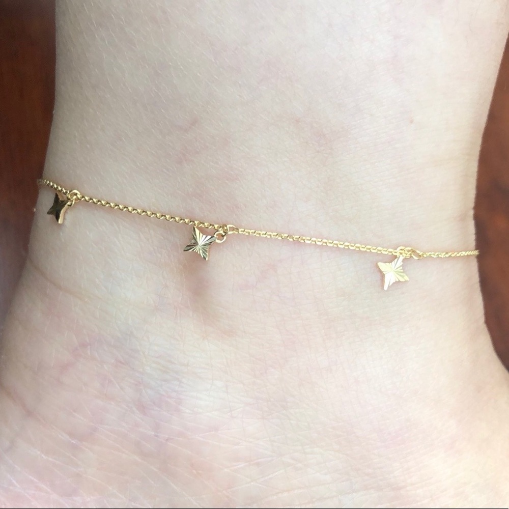 14K Solid Gold 7 Dangle Stars Ankle Bracele Anklet - Picture 4 of 7
